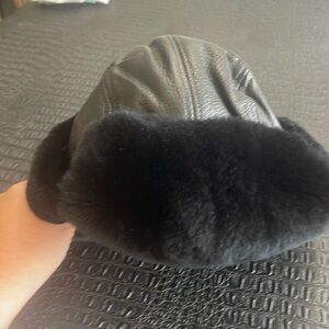 Hat - Crown Cap in Black Real Fur/ Leather Aviator Russian Style Hat